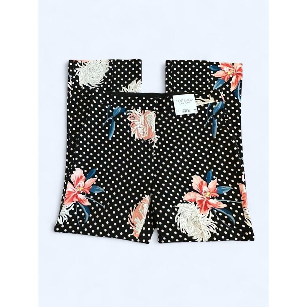 NWT Topshop Black Polka Dot Crop Flare Pants with Pink Floral Print 6 - Picture 4 of 7
